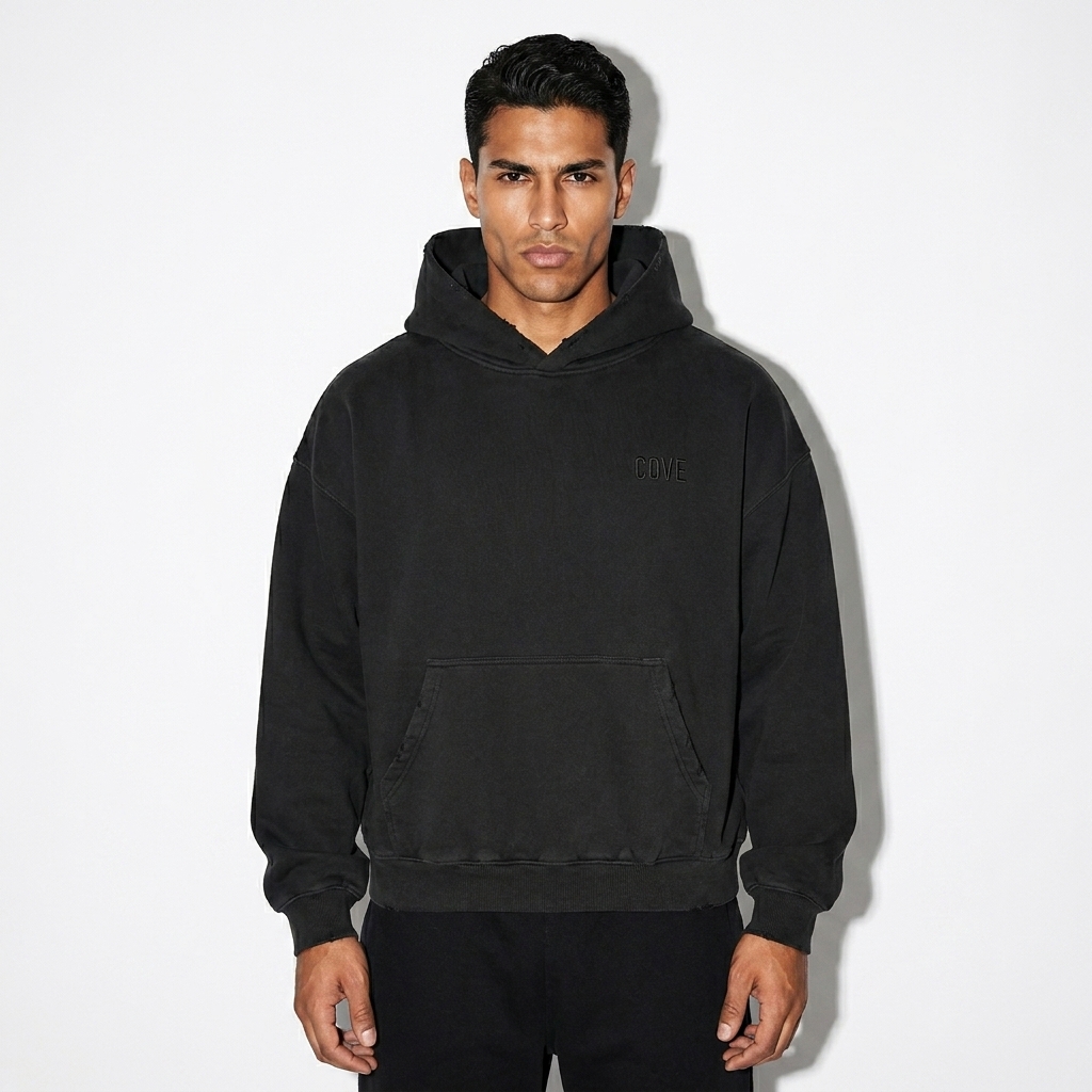 Frayed Enzyme Washed Fleece Hoodie worn by a toned Hispanic male fashion influencer, y2k revival styling, studio lookbook — custom frayed enzyme washed fleece hoodie