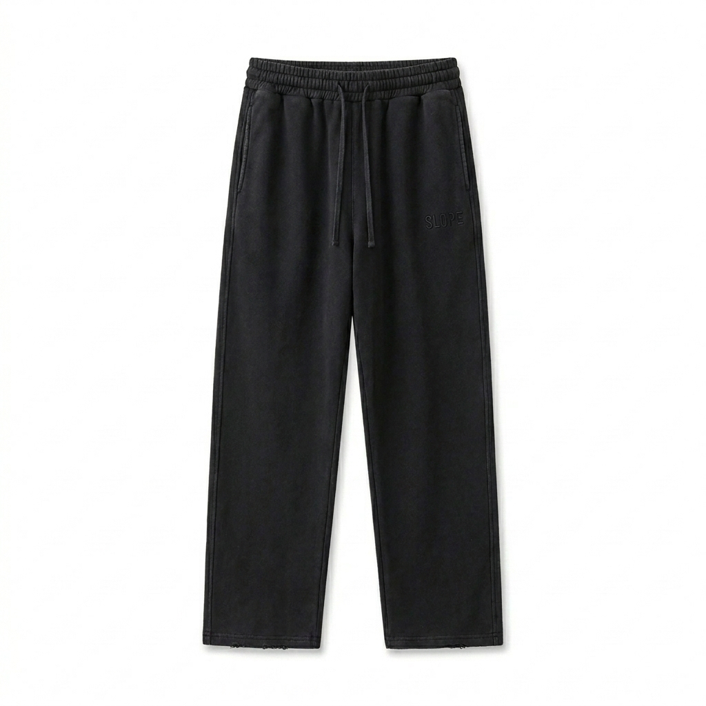 Custom Frayed Enzyme Washed Fleece Sweatpants design direction 1: Tonal Minimalist Wordmark featuring the SLOPE wordmark