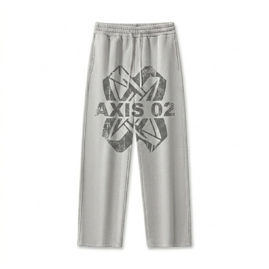 Custom Frayed Enzyme Washed Fleece Sweatpants design direction 2: Bold Abstract Graphic featuring the AXIS 02 wordmark