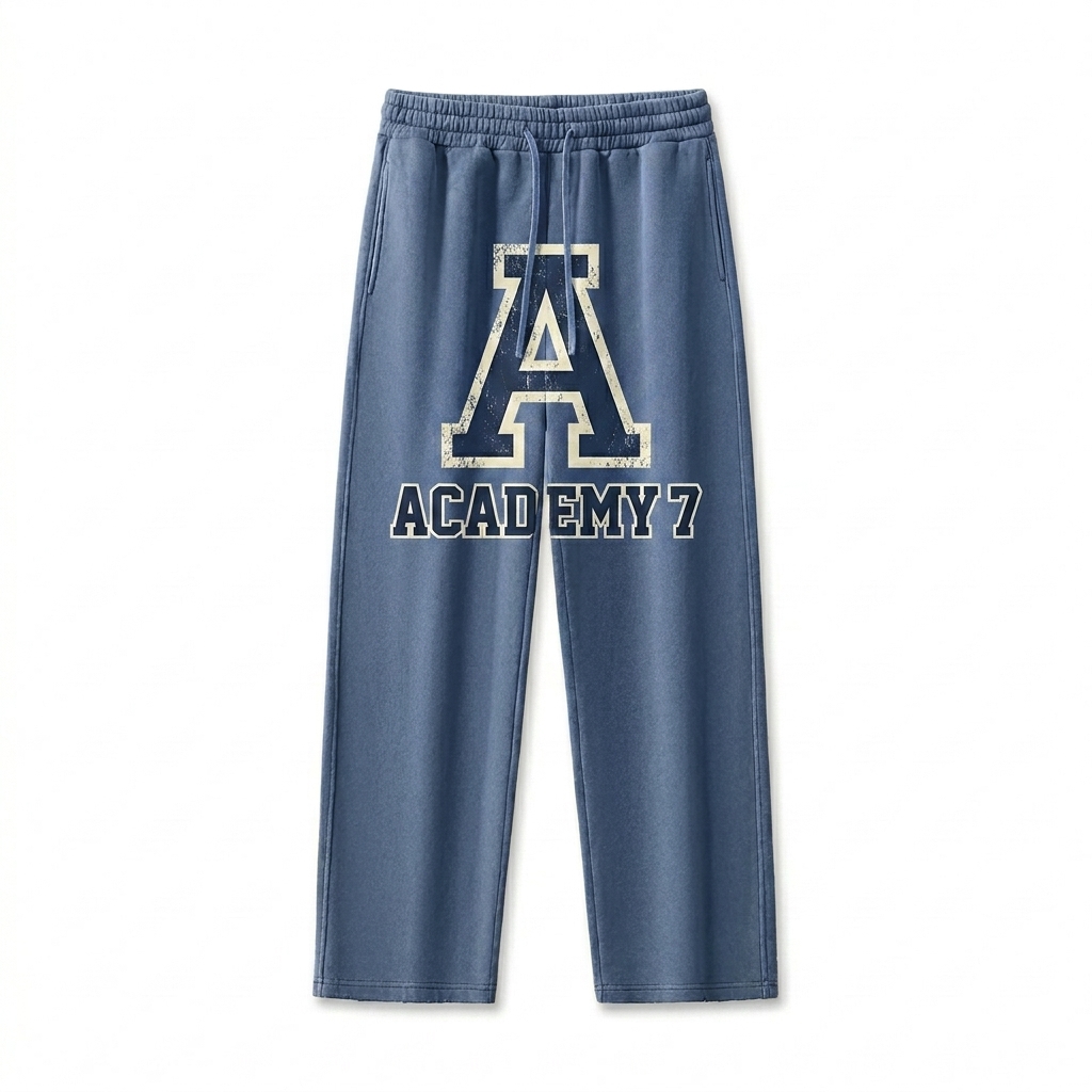 Custom Frayed Enzyme Washed Fleece Sweatpants design direction 3: Retro Collegiate Emblem featuring the ACADEMY 7 wordmark