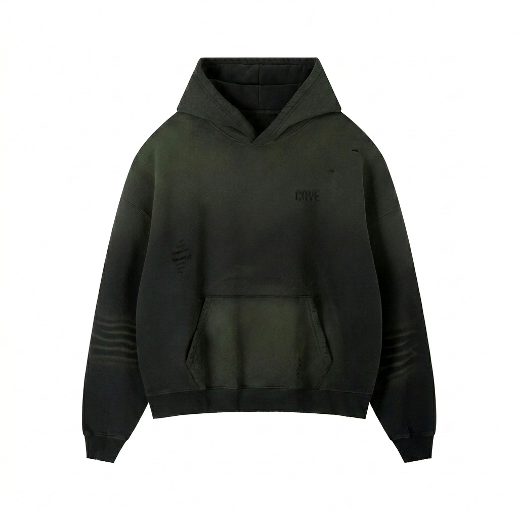 Custom Frayed Sunfade Boxy Hoodie design direction 1: Tonal Left Chest Wordmark featuring the COVE wordmark