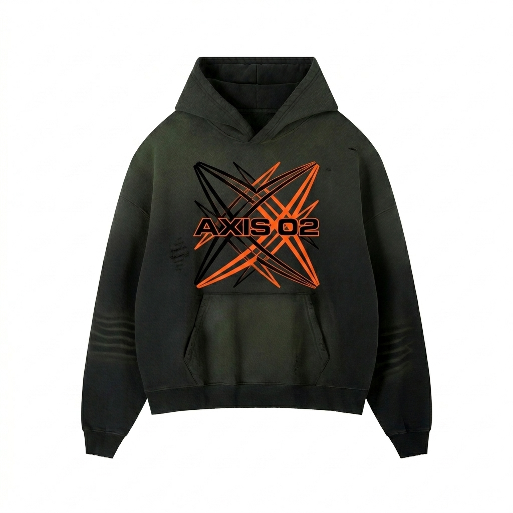 Custom Frayed Sunfade Boxy Hoodie design direction 2: Abstract Geometric Graphic featuring the AXIS 02 wordmark