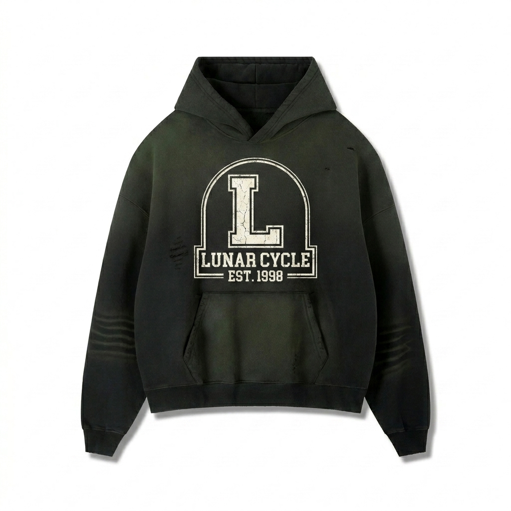 Custom Frayed Sunfade Boxy Hoodie design direction 3: Vintage Collegiate Emblem featuring the LUNAR CYCLE wordmark