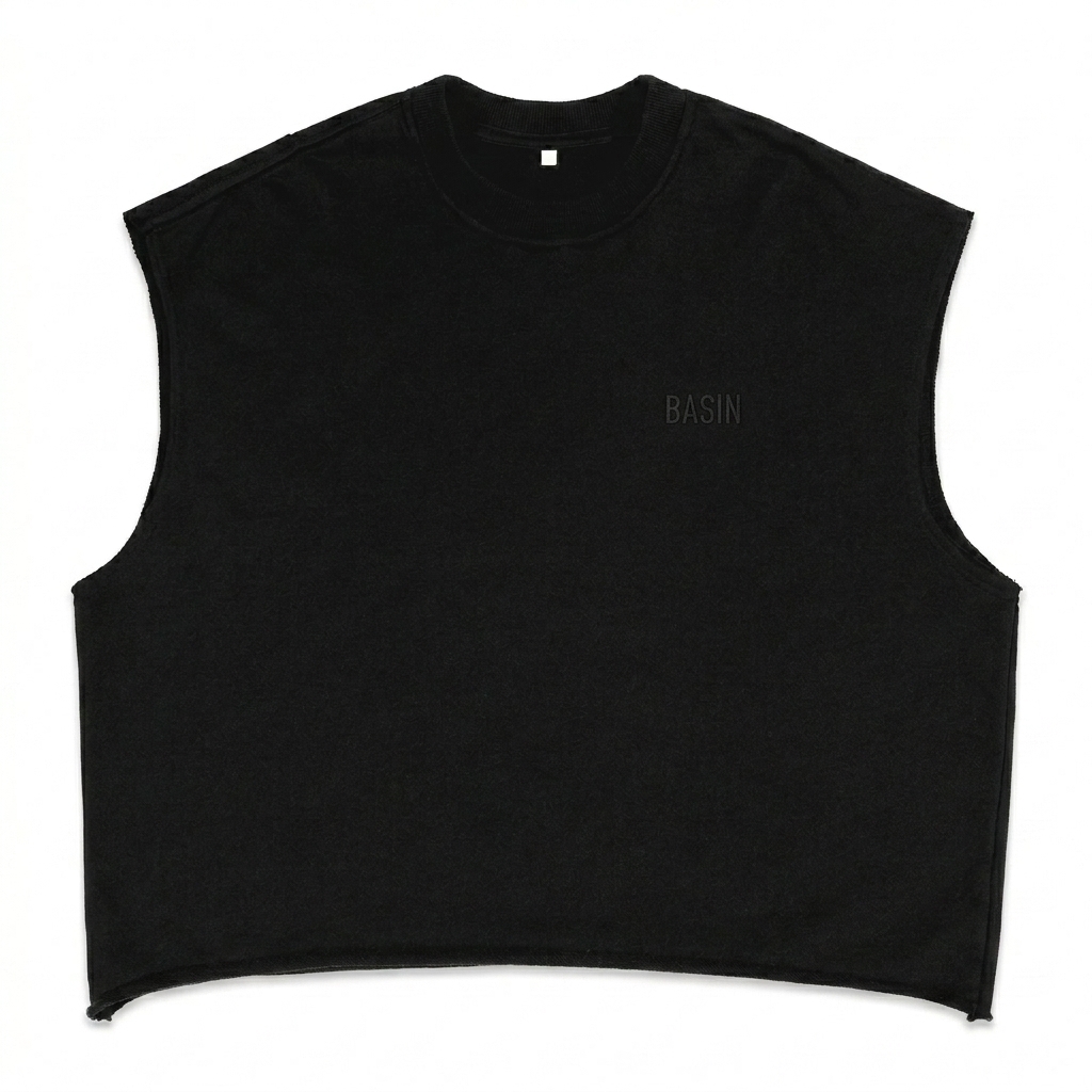 Custom French Terry Boxy Tank Top design direction 1: Tonal Minimalist Wordmark featuring the BASIN wordmark