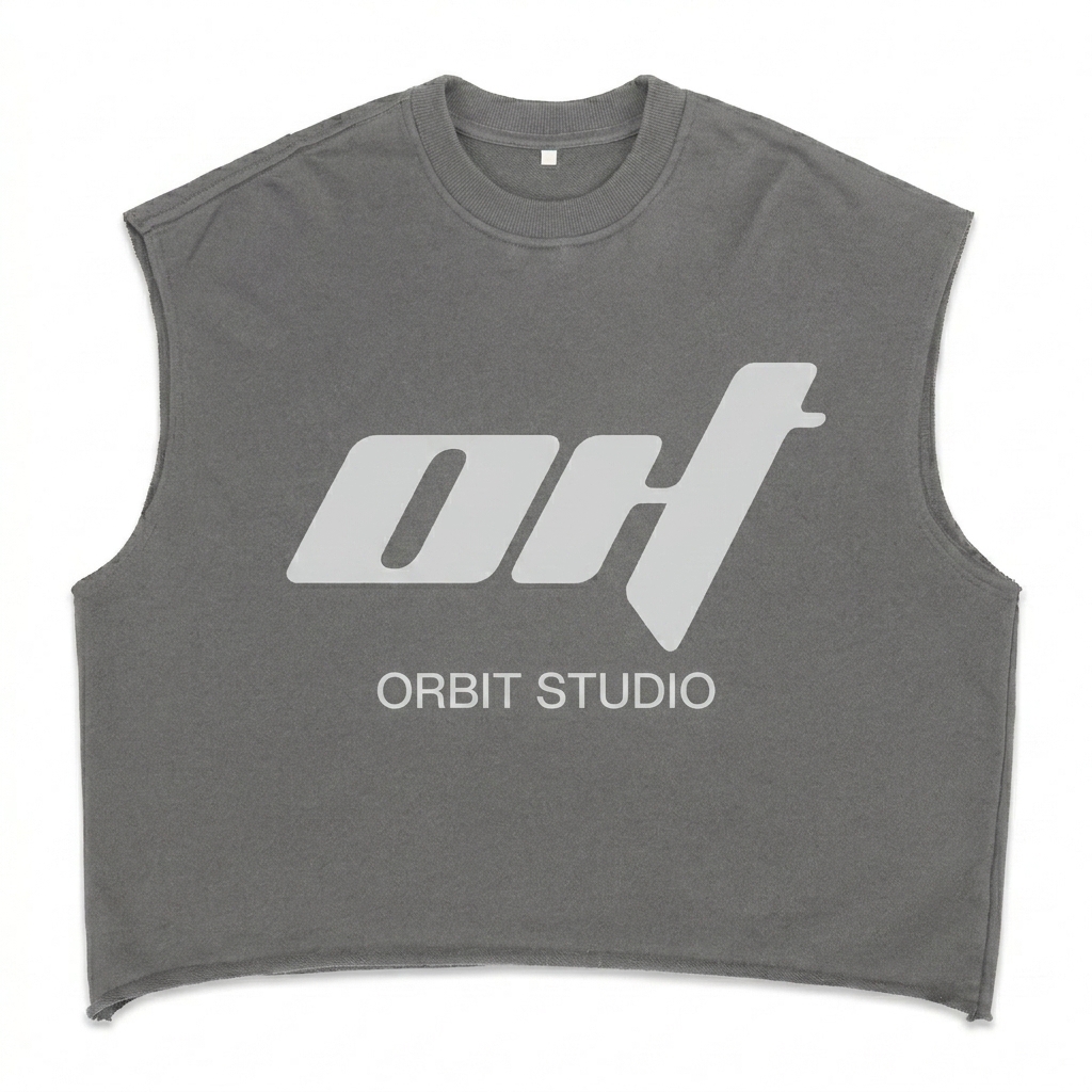 Custom French Terry Boxy Tank Top design direction 2: Abstract Geometric Graphic featuring the ORBIT STUDIO wordmark