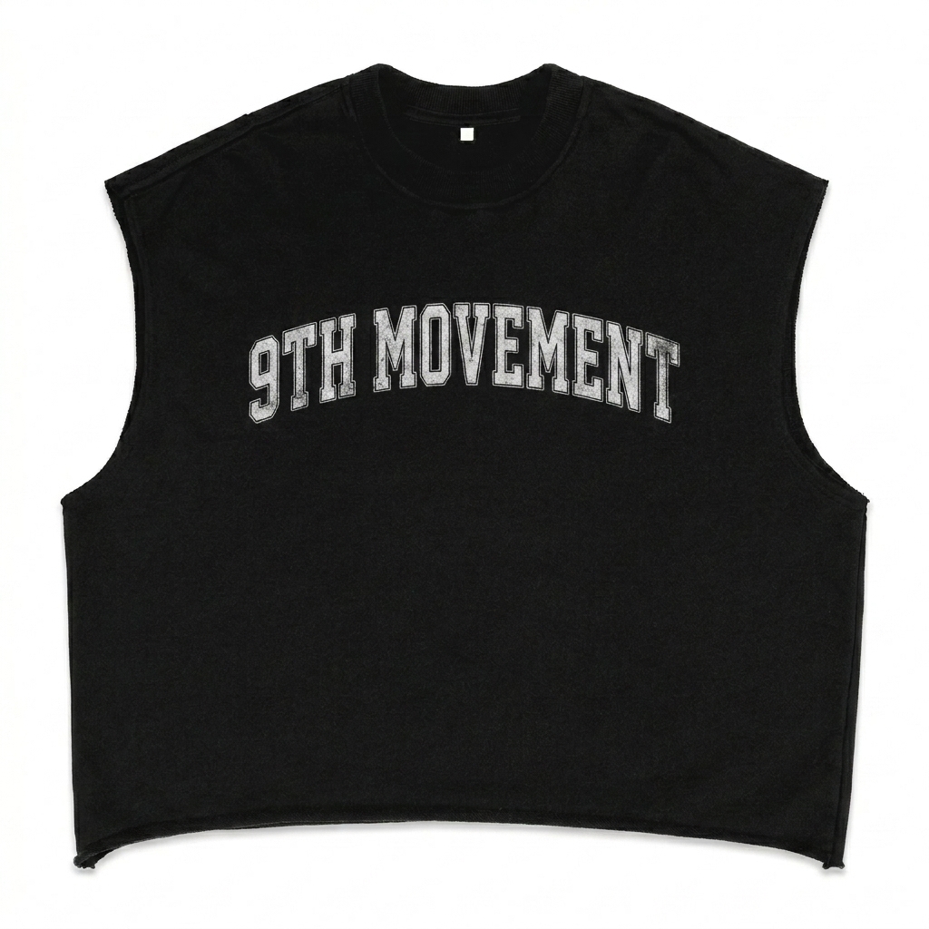 Custom French Terry Boxy Tank Top design direction 3: Distressed Collegiate Text featuring the 9TH MOVEMENT wordmark