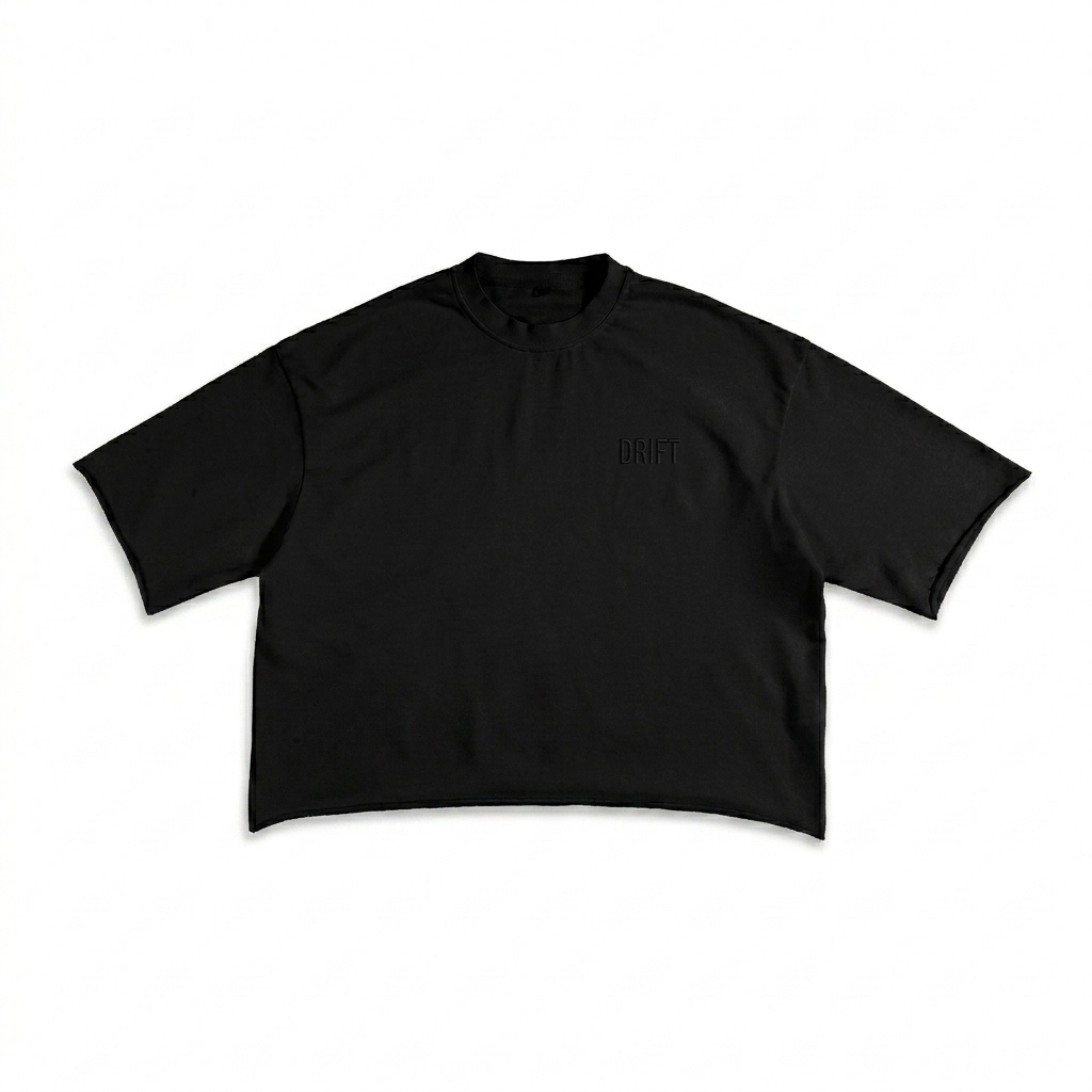 Custom French Terry Raw Edge T-Shirt design direction 1: Tonal Left Chest Wordmark featuring the DRIFT wordmark