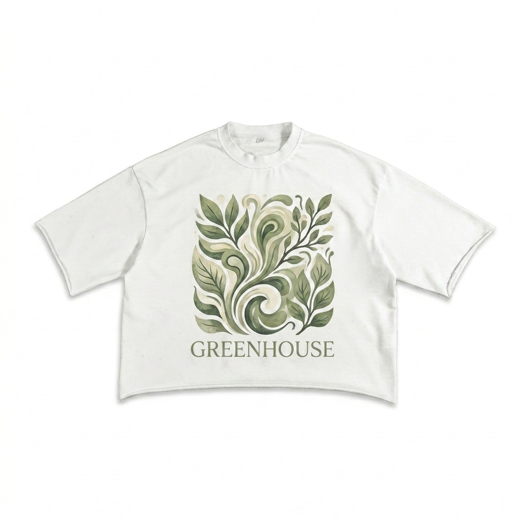 Custom French Terry Raw Edge T-Shirt design direction 2: Abstract Botanical Graphic featuring the GREENHOUSE wordmark