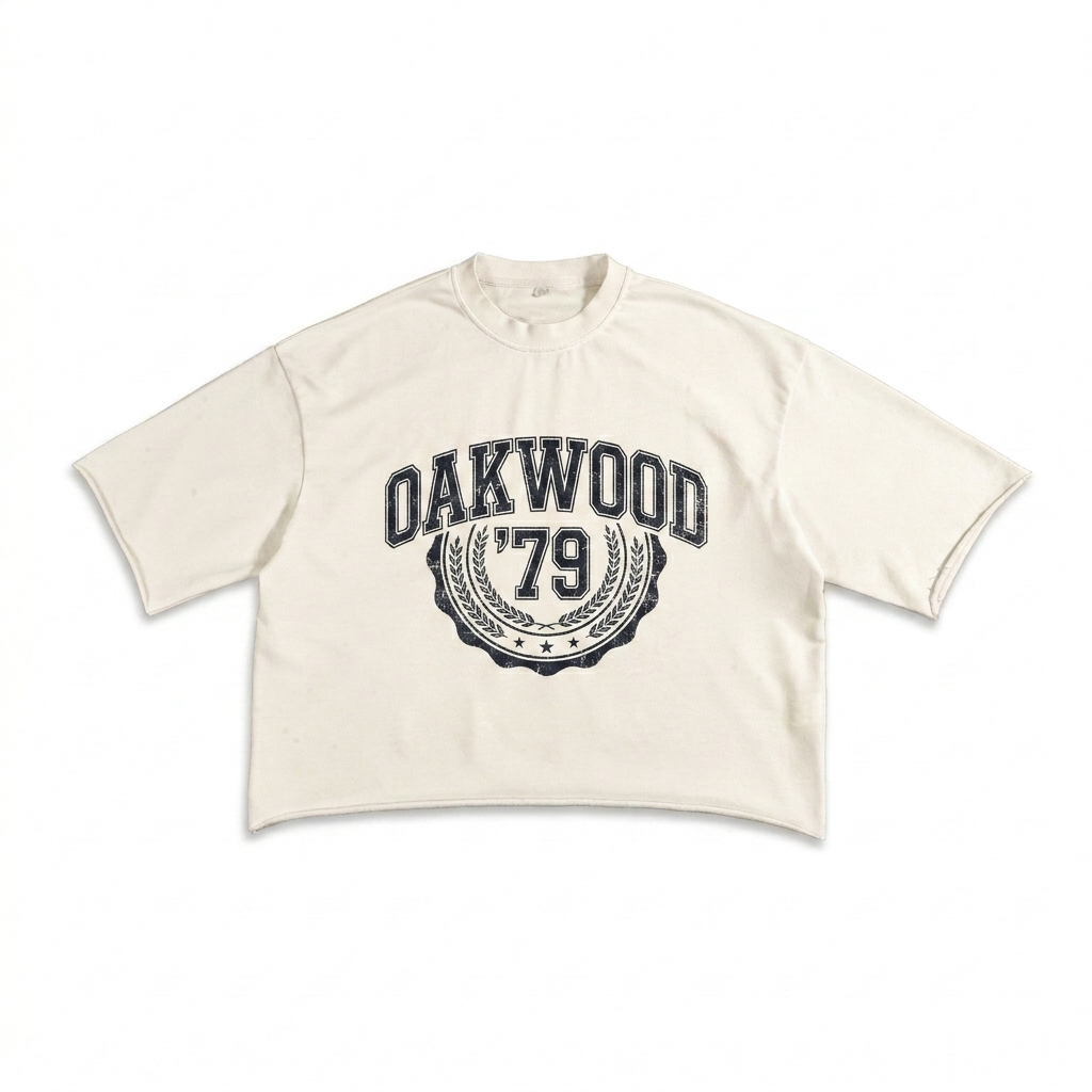 Custom French Terry Raw Edge T-Shirt design direction 3: Vintage Collegiate Emblem featuring the OAKWOOD '79 wordmark