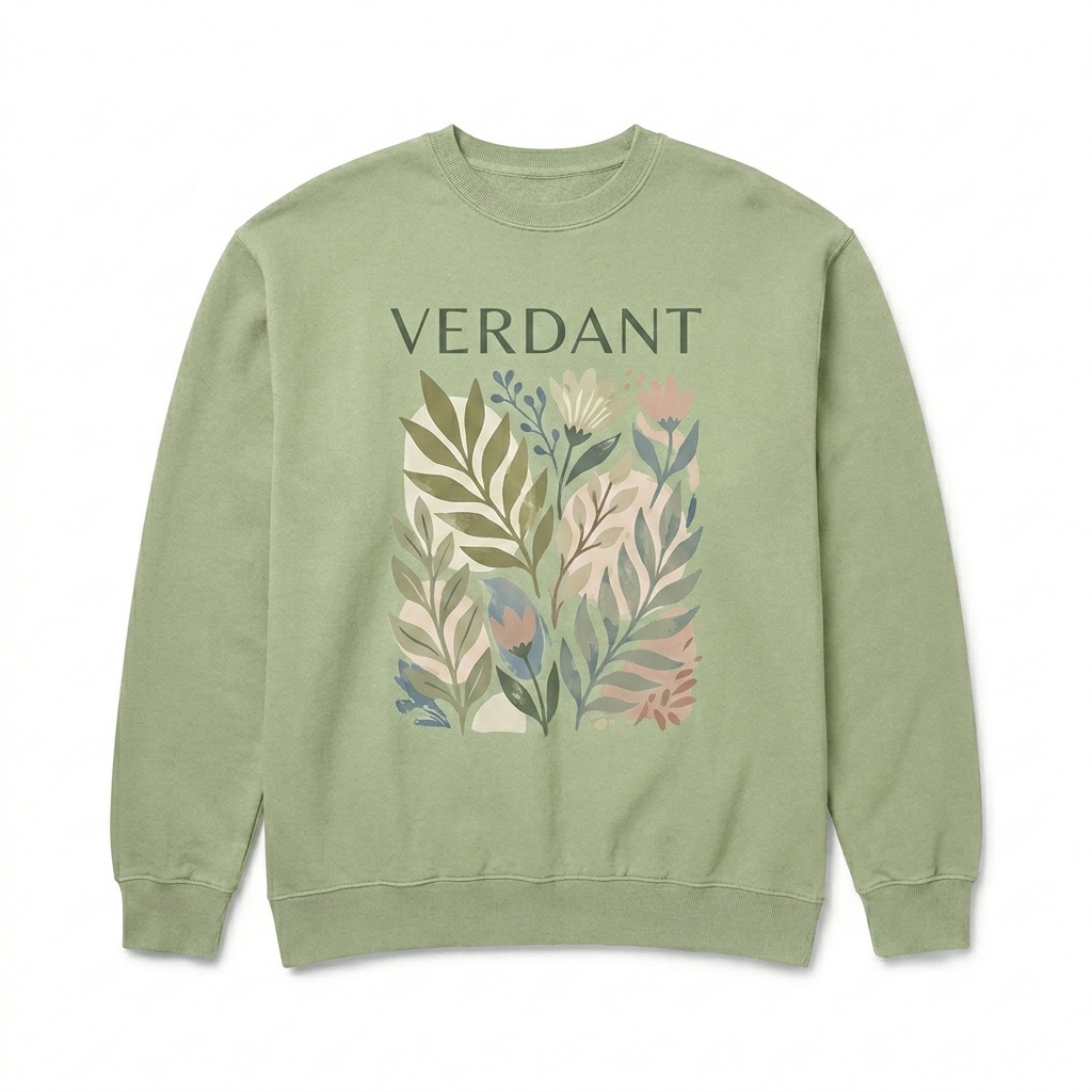 Custom Garment-Dyed Crewneck Sweatshirt design direction 2: Abstract Botanical Graphic featuring the VERDANT wordmark
