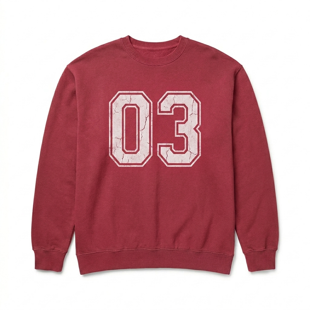 Custom Garment-Dyed Crewneck Sweatshirt design direction 3: Retro Collegiate Emblem featuring the ISSUE 03 wordmark