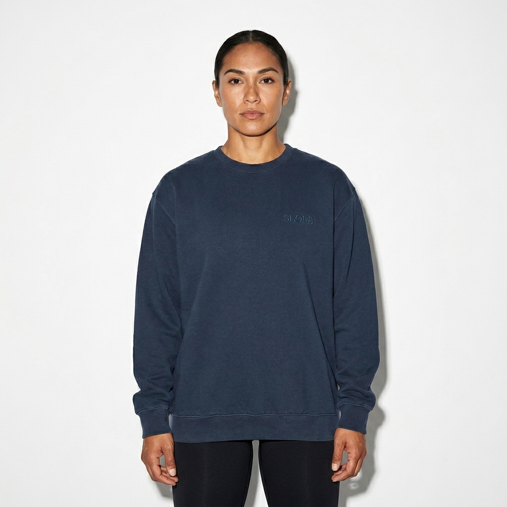 Garment-Dyed Crewneck Sweatshirt worn by a athletic muscular Indigenous American female fashion influencer, y2k revival styling, studio lookbook — custom garment-dyed crewneck sweatshirt