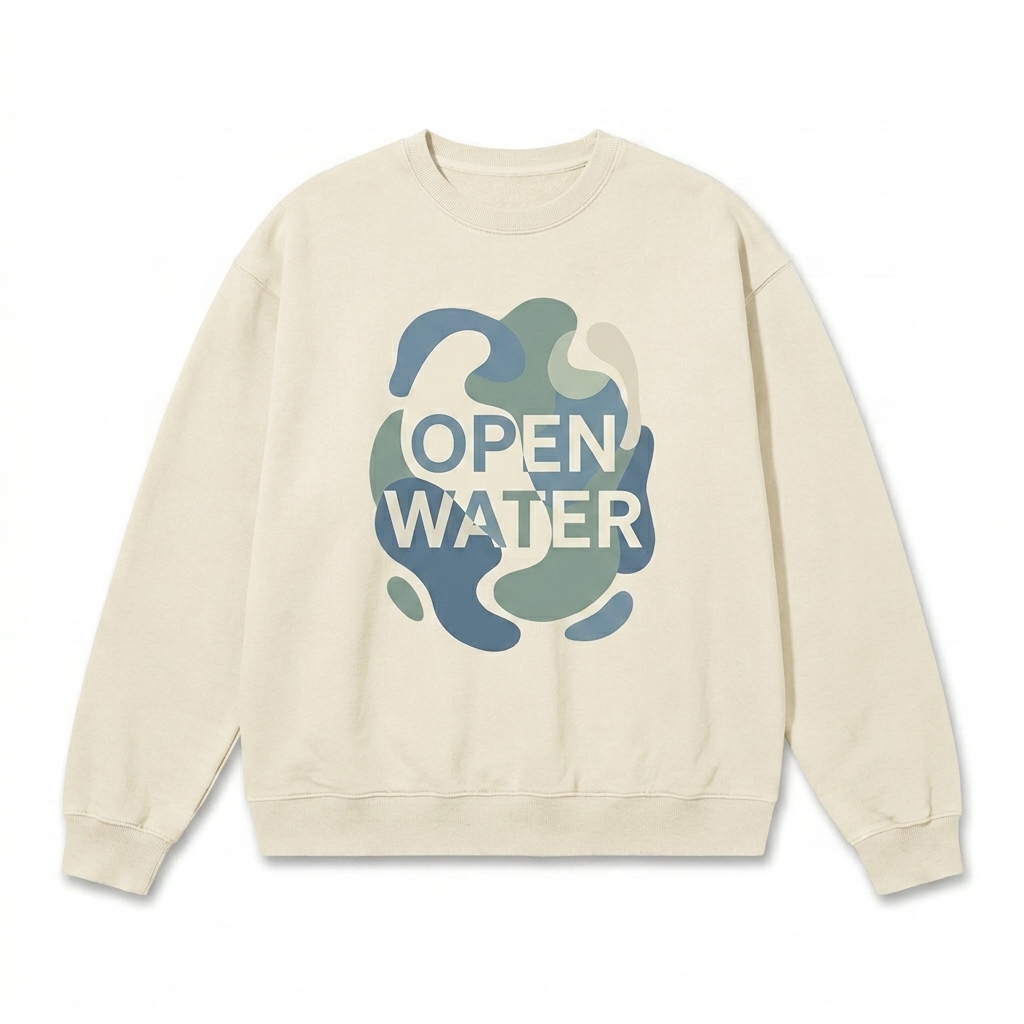 Custom Garment-Dyed Lightweight Fleece Crewneck design direction 2: Bold Abstract Graphic featuring the OPEN WATER wordmark