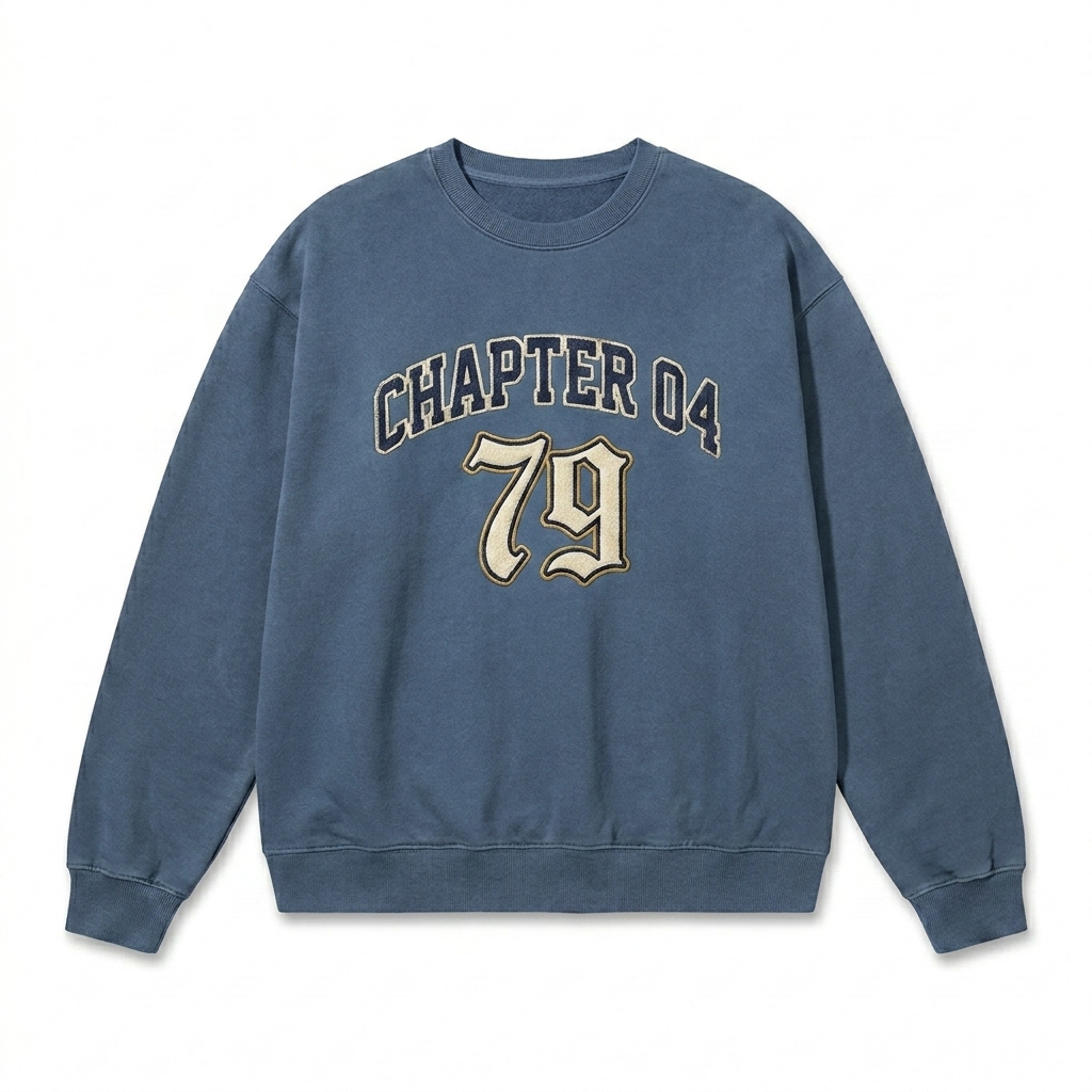 Custom Garment-Dyed Lightweight Fleece Crewneck design direction 3: Retro Collegiate Emblem featuring the CHAPTER 04 wordmark