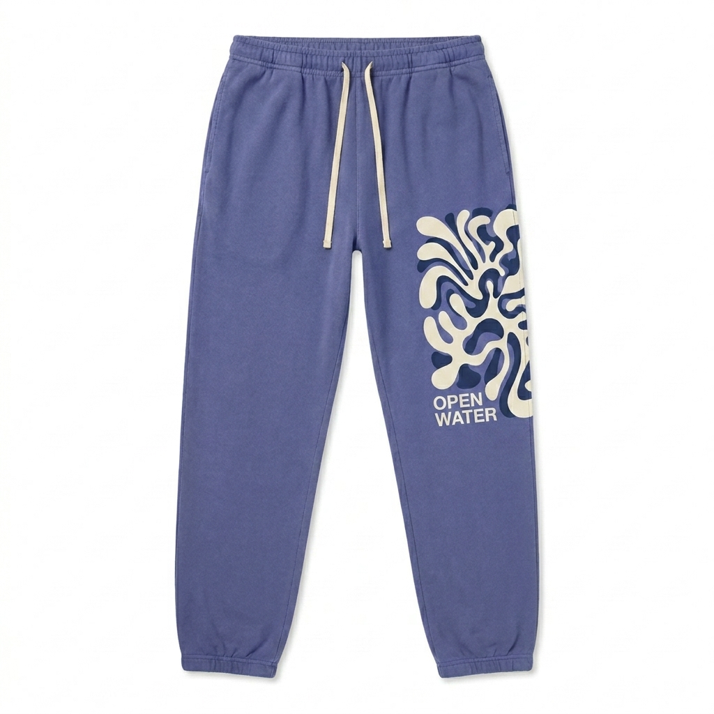 Custom Garment-Dyed Fleece Sweatpants design direction 2: Bold Graphic Illustration featuring the OPEN WATER wordmark
