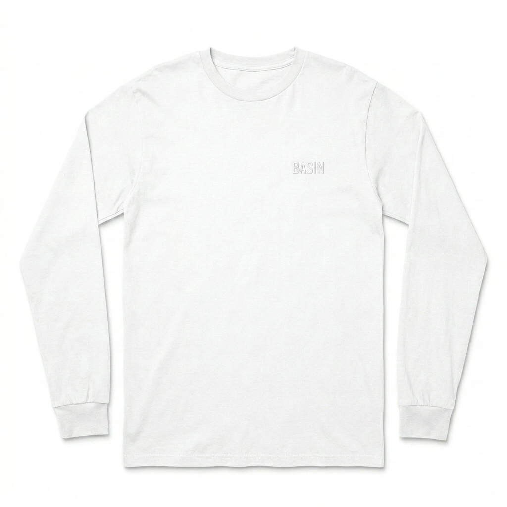 Custom Garment-Dyed Heavyweight Long Sleeve Shirt design direction 1: Subtle Tonal Embroidery featuring the BASIN wordmark