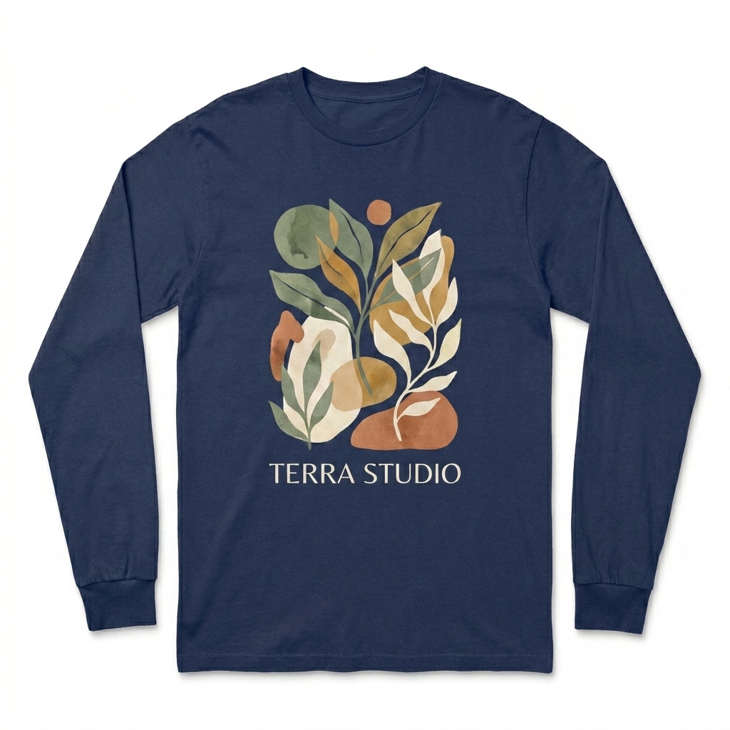 Custom Garment-Dyed Heavyweight Long Sleeve Shirt design direction 2: Abstract Botanical Graphic featuring the TERRA STUDIO wordmark