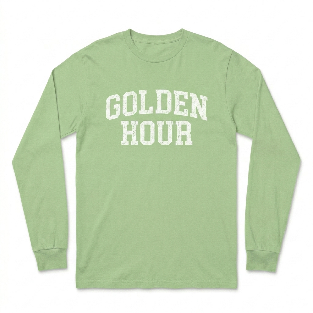 Custom Garment-Dyed Heavyweight Long Sleeve Shirt design direction 3: Vintage Collegiate Wordmark featuring the GOLDEN HOUR wordmark