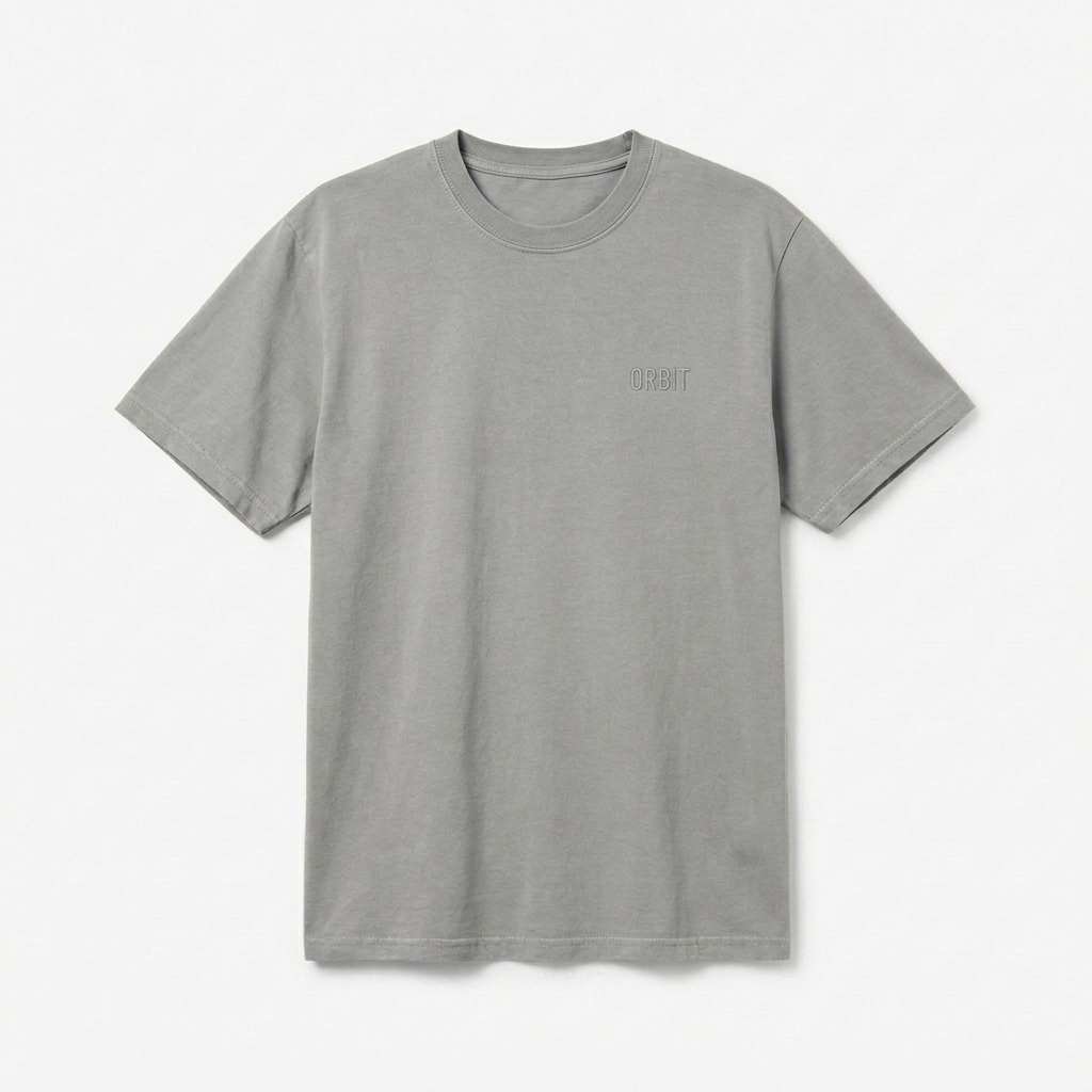 Custom Garment Dyed Vintage T-Shirt design direction 1: Tonal Minimalist Wordmark featuring the ORBIT wordmark
