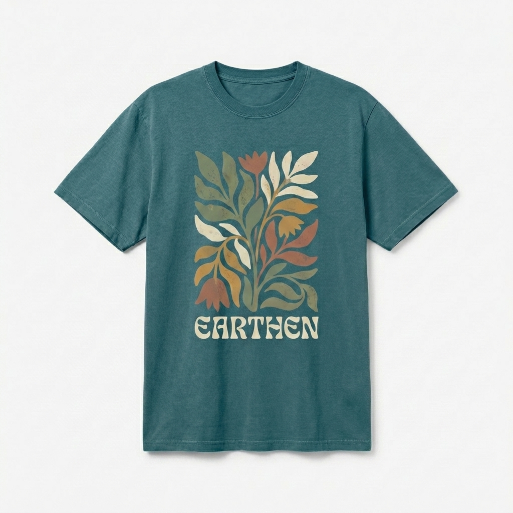Custom Garment Dyed Vintage T-Shirt design direction 2: Bold Abstract Graphic featuring the EARTHEN wordmark