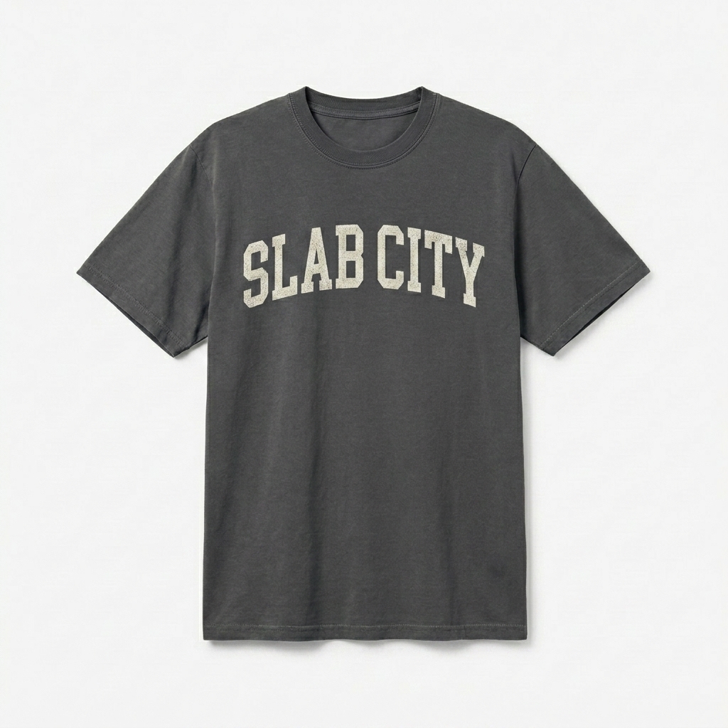 Custom Garment Dyed Vintage T-Shirt design direction 3: Retro Collegiate Emblem featuring the SLAB CITY wordmark