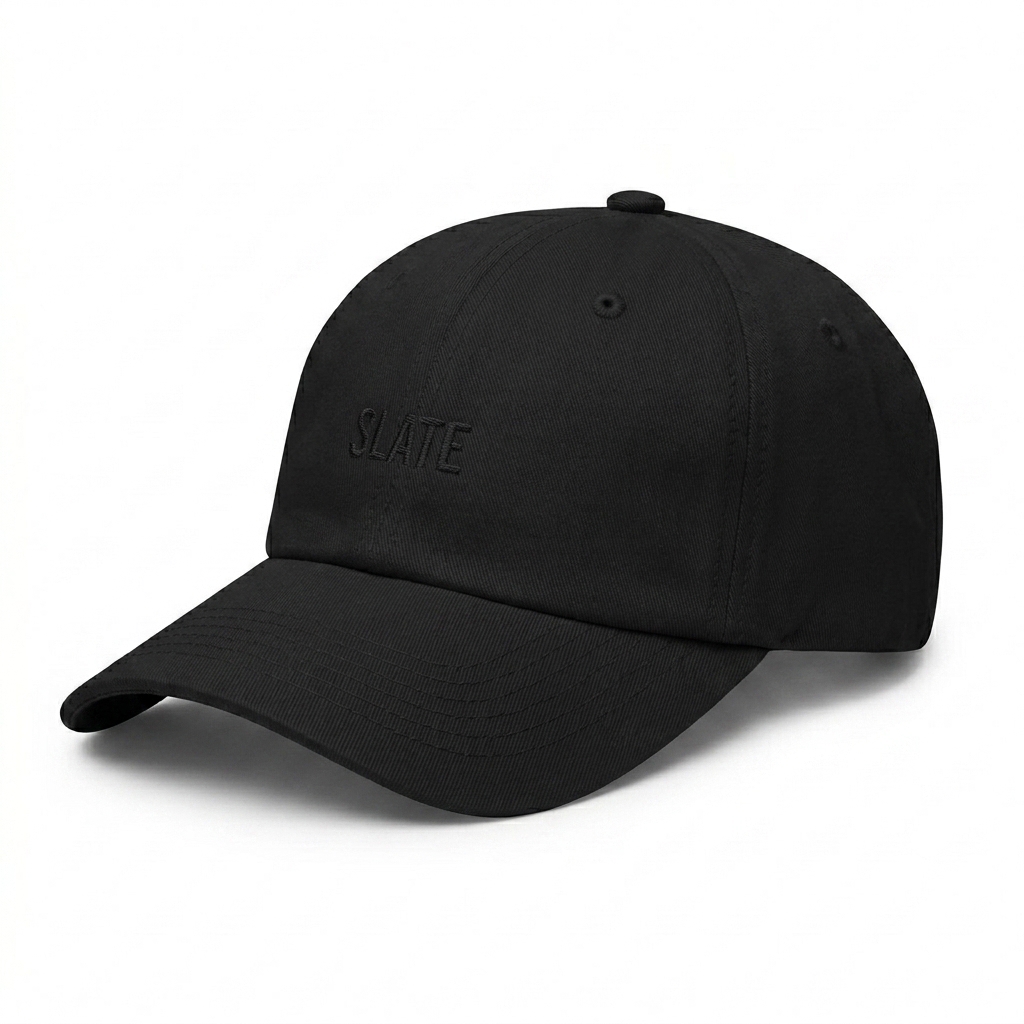 Custom Garment-Washed Baseball Cap design direction 1: Tonal Minimalist Wordmark featuring the SLATE wordmark