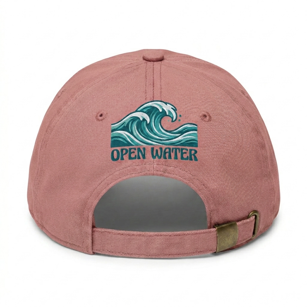 Custom Garment-Washed Baseball Cap design direction 2: Bold Graphic Illustration featuring the OPEN WATER wordmark