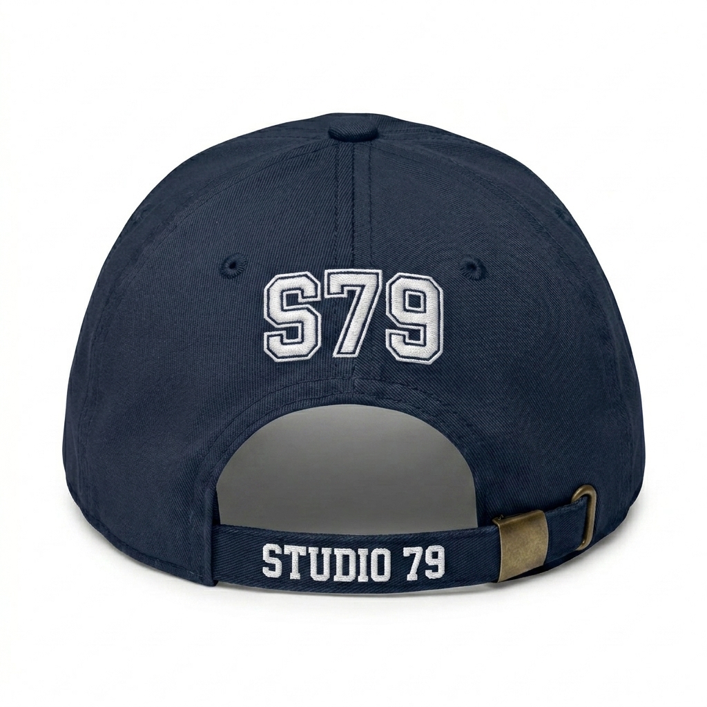 Custom Garment-Washed Baseball Cap design direction 3: Retro Collegiate Emblem featuring the STUDIO 79 wordmark