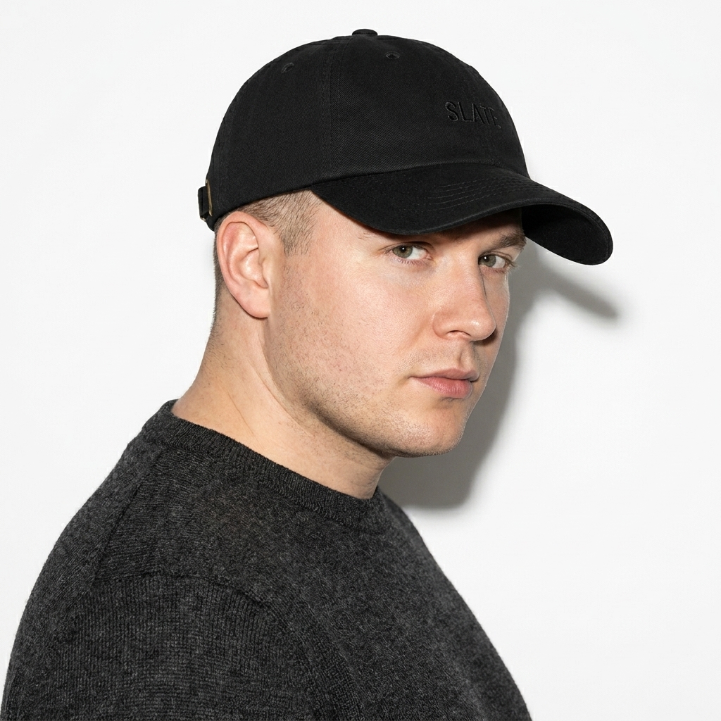 Garment-Washed Baseball Cap worn by a curvy White European male fashion influencer, y2k revival styling, studio lookbook — custom garment-washed baseball cap