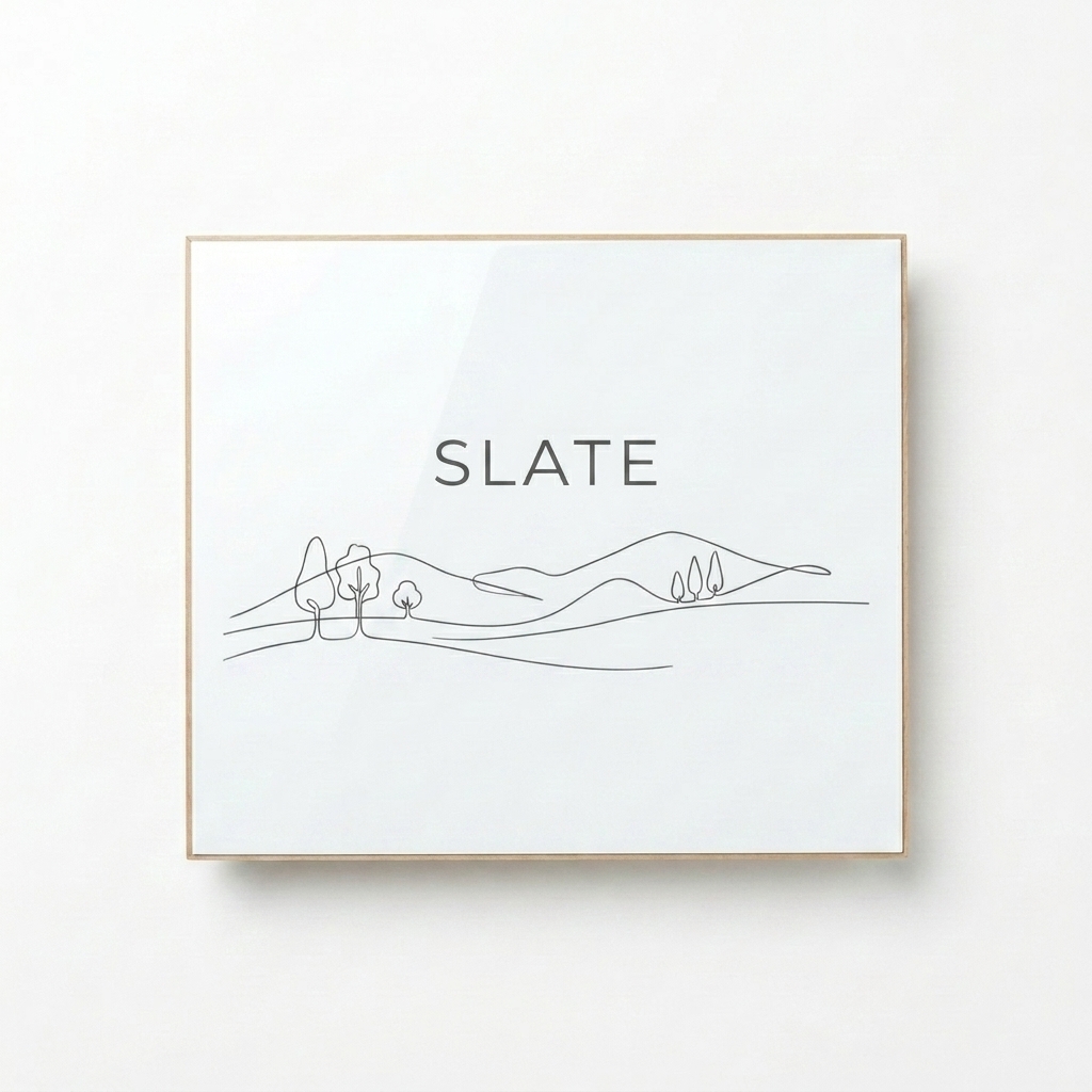 Custom Glossy Metal Print design direction 1: Minimalist Line Art featuring the SLATE wordmark