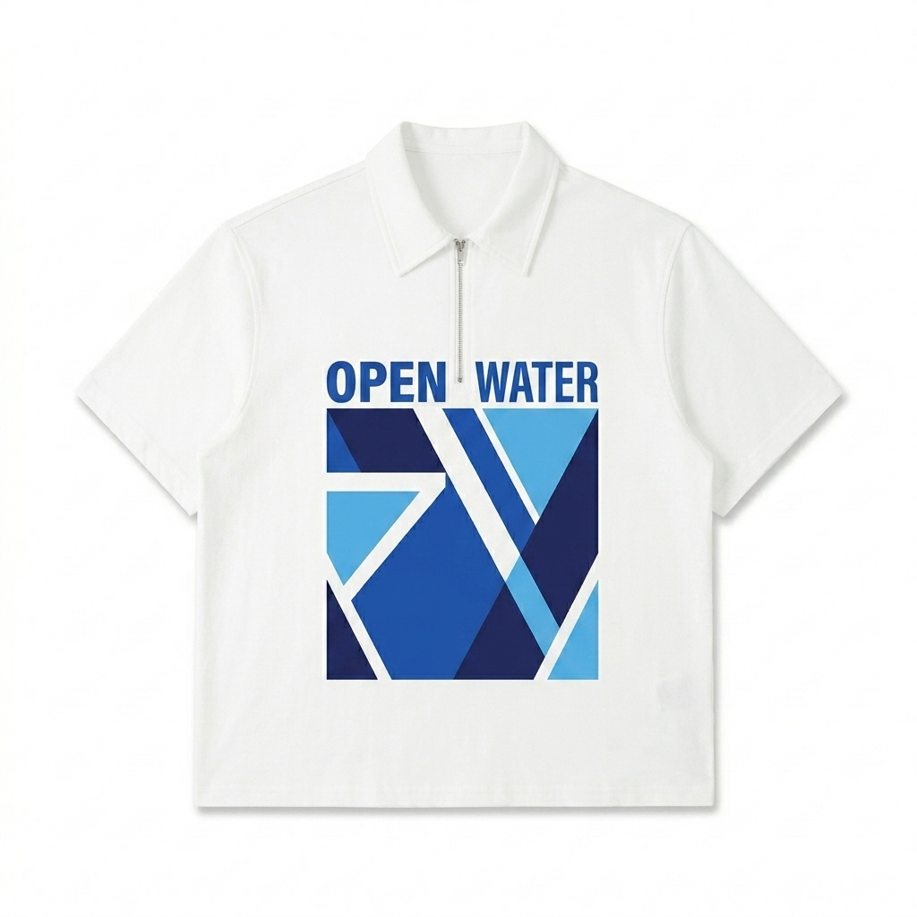 Custom Half-Zip Cotton Polo Shirt design direction 2: Abstract Graphic Polo featuring the OPEN WATER wordmark