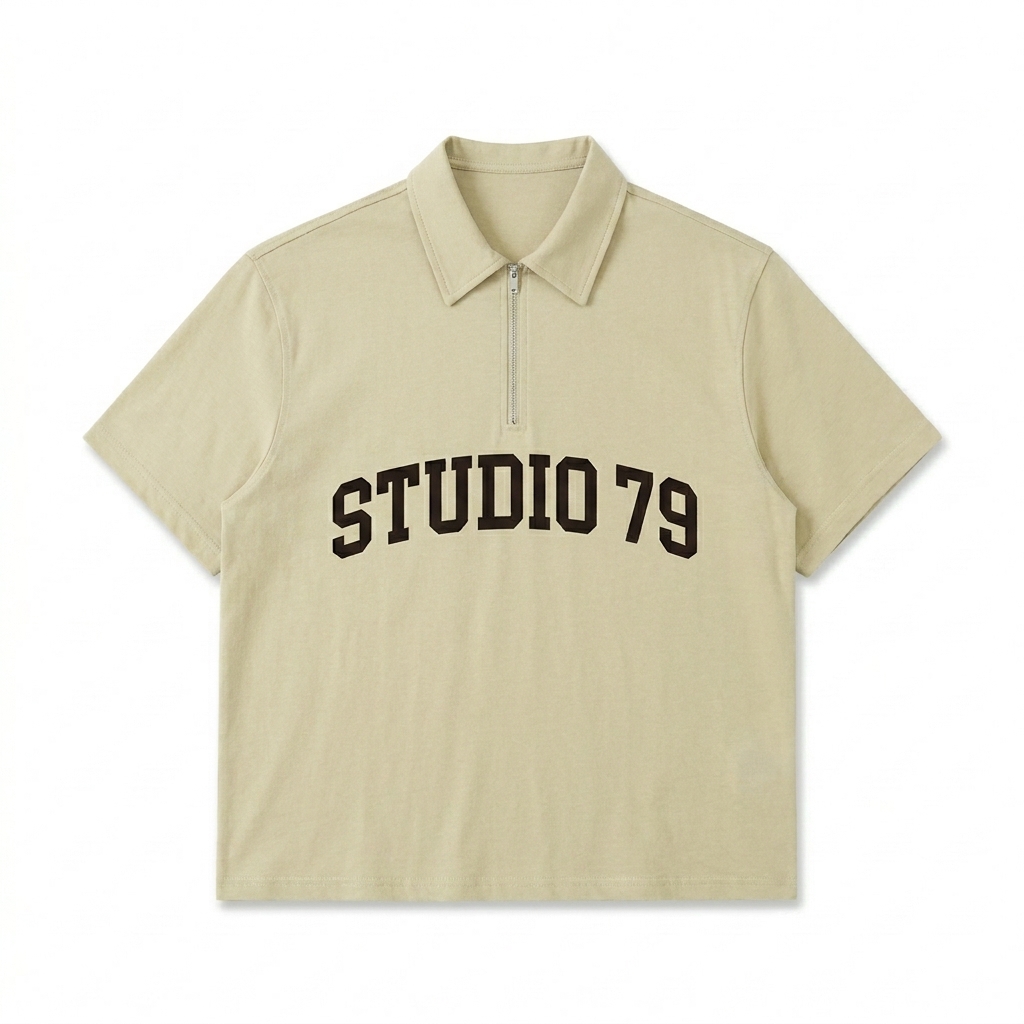Custom Half-Zip Cotton Polo Shirt design direction 3: Collegiate Wordmark Polo featuring the STUDIO 79 wordmark