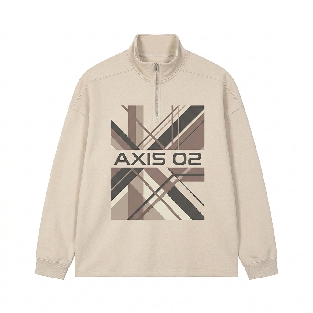 Custom Half-Zip Fleece Sweatshirt design direction 2: Abstract Geometric Graphic featuring the AXIS 02 wordmark