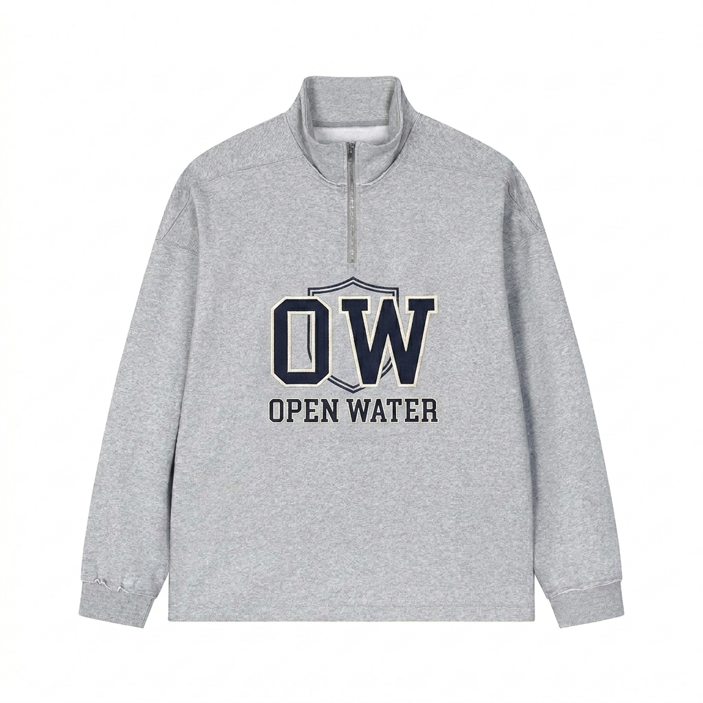 Custom Half-Zip Fleece Sweatshirt design direction 3: Retro Collegiate Emblem featuring the OPEN WATER wordmark