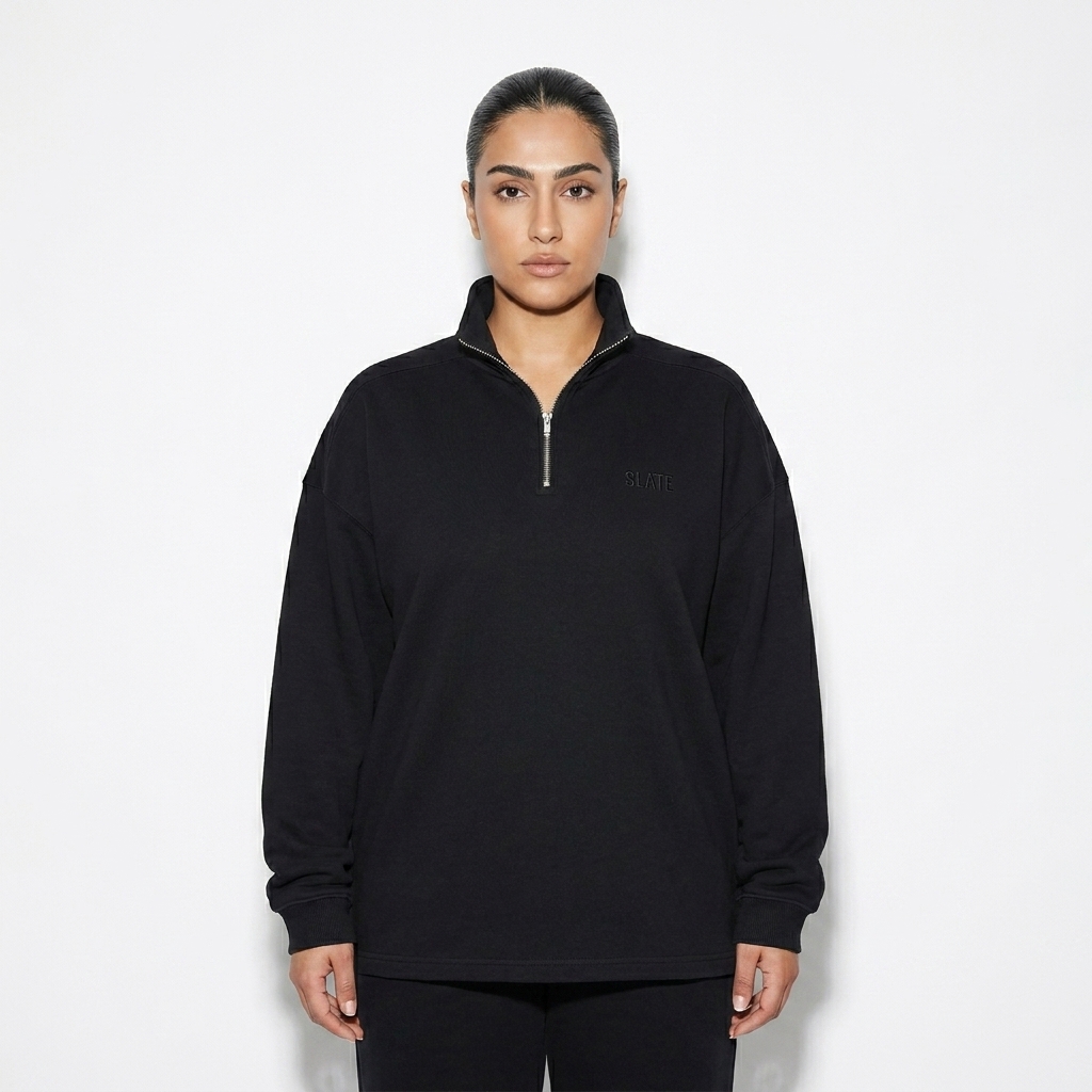 Half-Zip Fleece Sweatshirt worn by a broad-shouldered Persian female fashion influencer, techwear modern styling, studio lookbook — custom half-zip fleece sweatshirt
