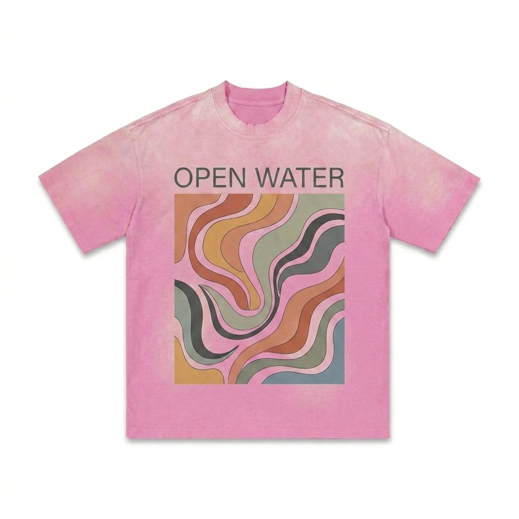 Custom Hand-Frayed Sunfade T-Shirt design direction 2: Abstract Graphic Print featuring the OPEN WATER wordmark