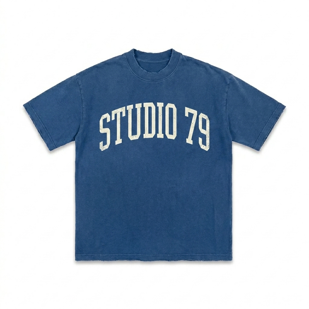 Custom Hand-Frayed Sunfade T-Shirt design direction 3: Vintage Collegiate Wordmark featuring the STUDIO 79 wordmark
