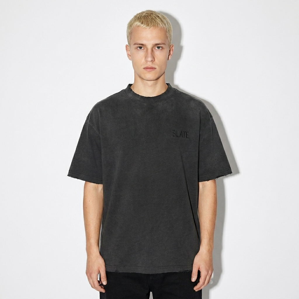 Hand-Frayed Sunfade T-Shirt worn by a petite German male fashion influencer, y2k revival styling, studio lookbook — custom hand-frayed sunfade t-shirt