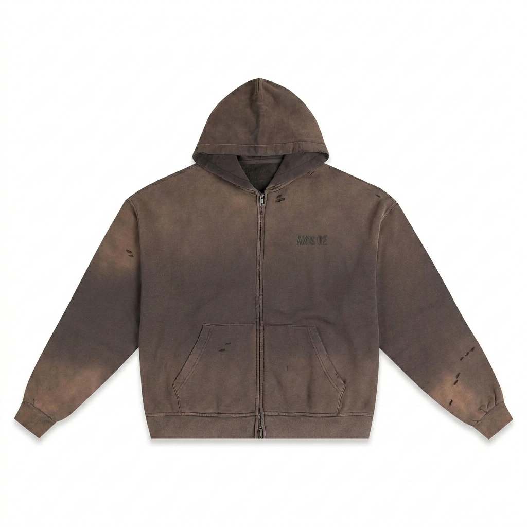 Custom Hand-Frayed Sunfade Zip Hoodie design direction 1: Urban Utility Wordmark featuring the AXIS 02 wordmark