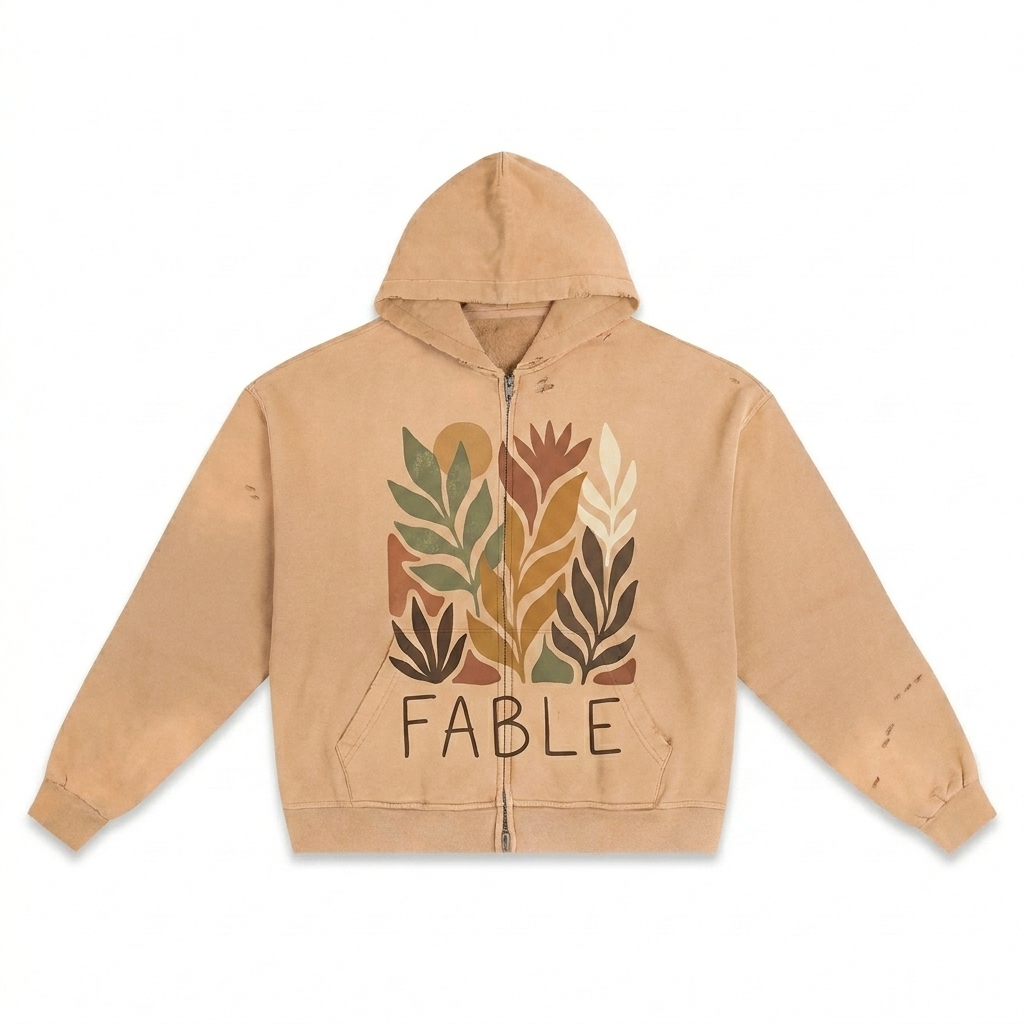 Custom Hand-Frayed Sunfade Zip Hoodie design direction 2: Abstract Botanical Graphic featuring the FABLE wordmark