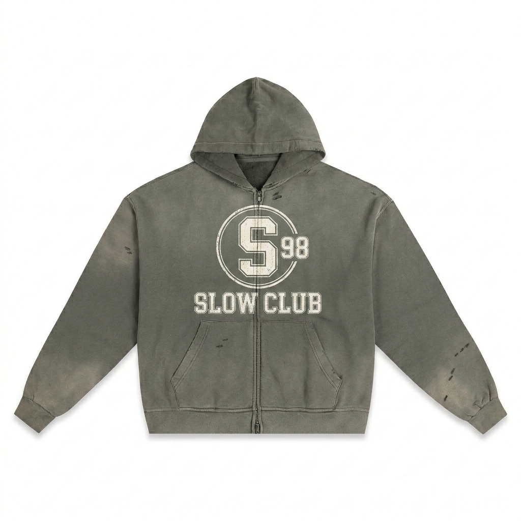 Custom Hand-Frayed Sunfade Zip Hoodie design direction 3: Retro Collegiate Emblem featuring the SLOW CLUB wordmark