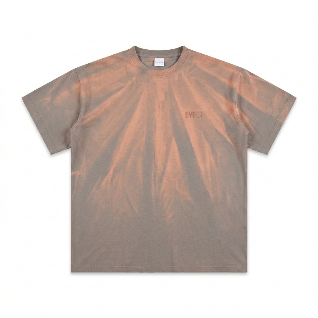 Custom Hand-Scrunched Sunfade T-Shirt design direction 1: Tonal Minimalist Wordmark featuring the EMBER wordmark