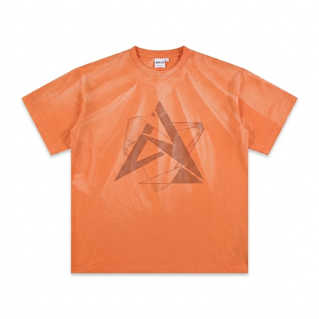 Custom Hand-Scrunched Sunfade T-Shirt design direction 2: Abstract Geometric Graphic featuring the AXIS 02 wordmark