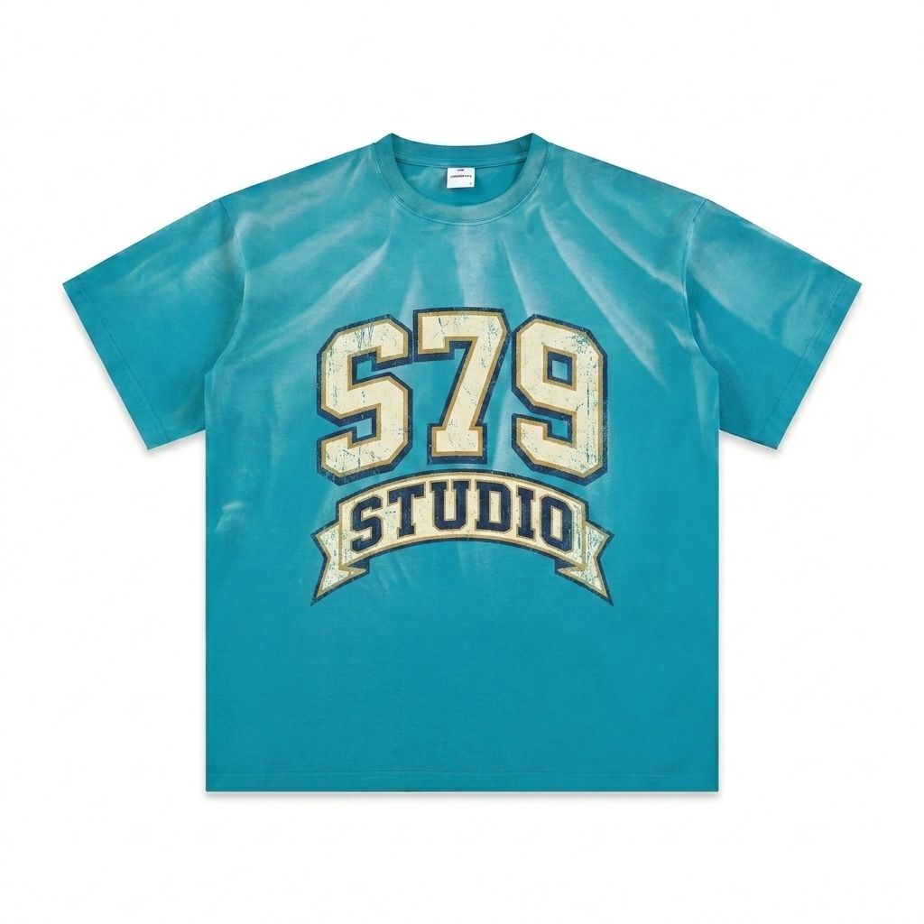 Custom Hand-Scrunched Sunfade T-Shirt design direction 3: Retro Collegiate Emblem featuring the STUDIO 79 wordmark