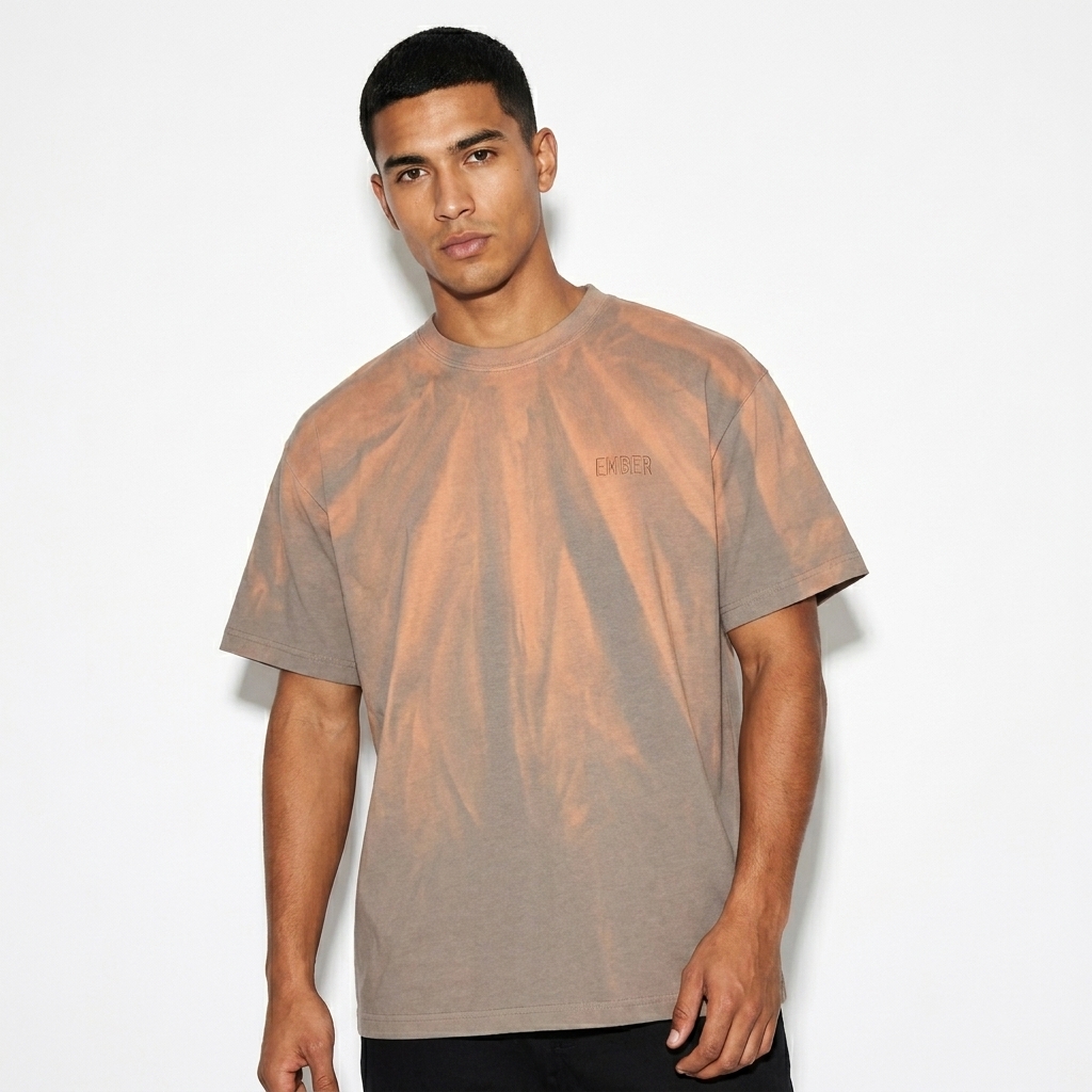 Hand-Scrunched Sunfade T-Shirt worn by a lean Hispanic male fashion influencer, preppy ivy styling, studio lookbook — custom hand-scrunched sunfade t-shirt