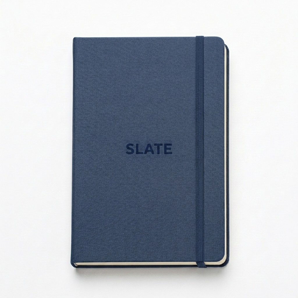 Custom Hardcover Bound Notebook design direction 1: Minimalist Wordmark featuring the SLATE wordmark