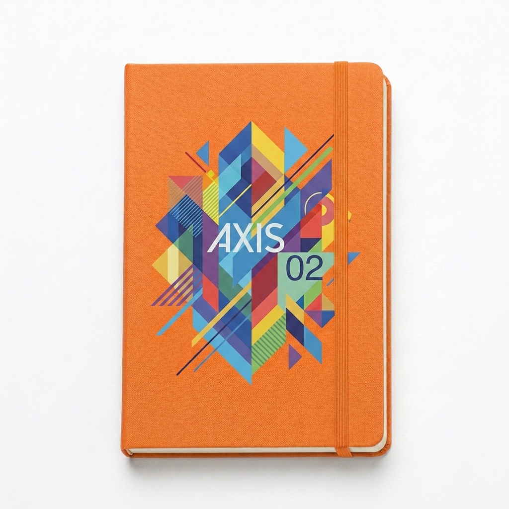 Custom Hardcover Bound Notebook design direction 2: Abstract Geometric Graphic featuring the AXIS 02 wordmark