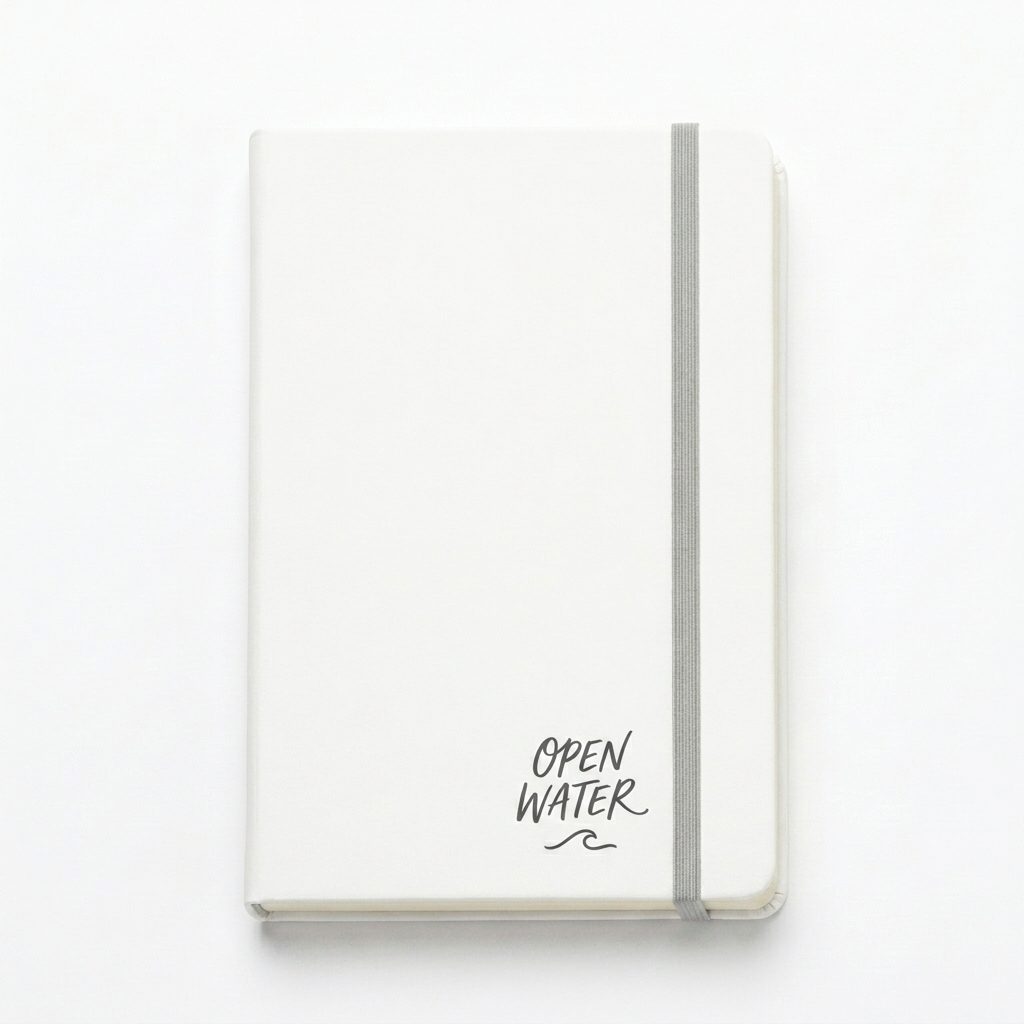 Custom Hardcover Bound Notebook design direction 3: Handwritten Script Emblem featuring the OPEN WATER wordmark