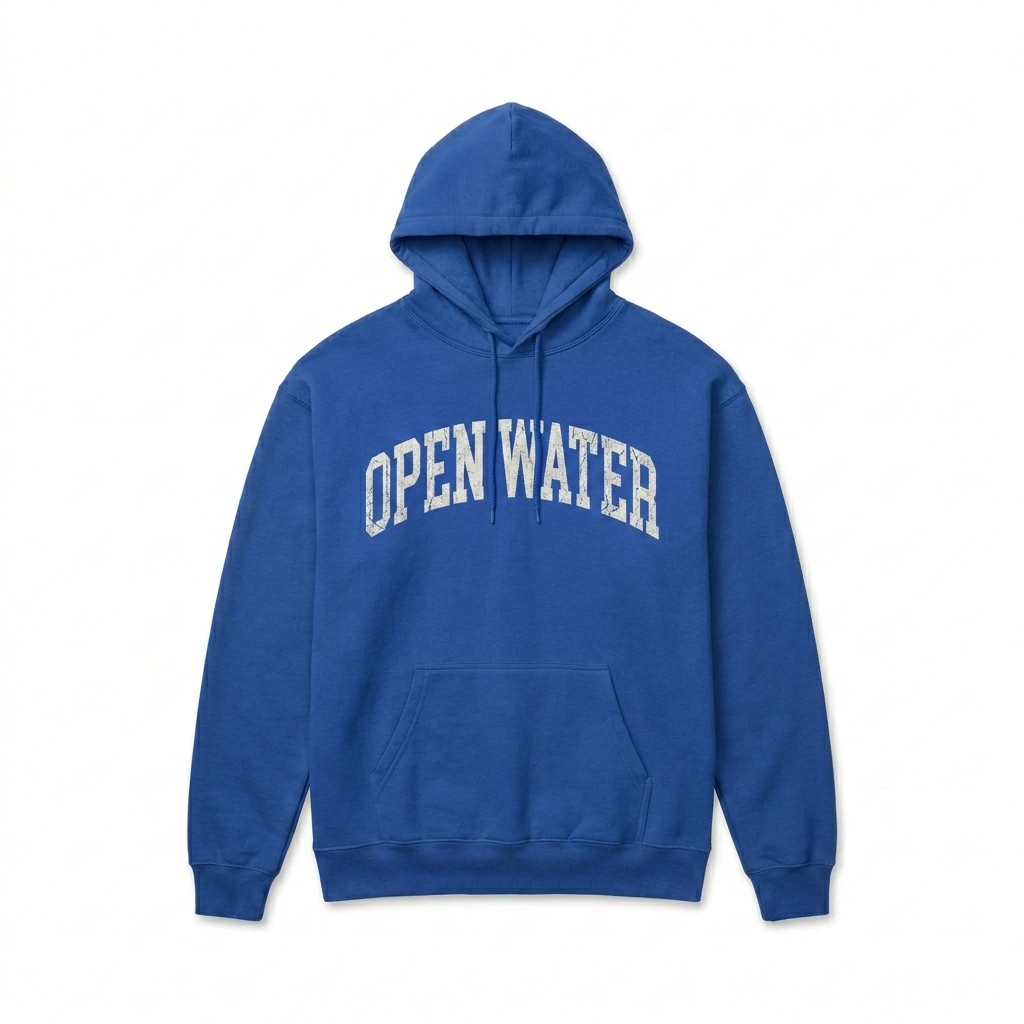 Custom Heavy Blend Pullover Hoodie design direction 3: Retro Collegiate Emblem featuring the OPEN WATER wordmark