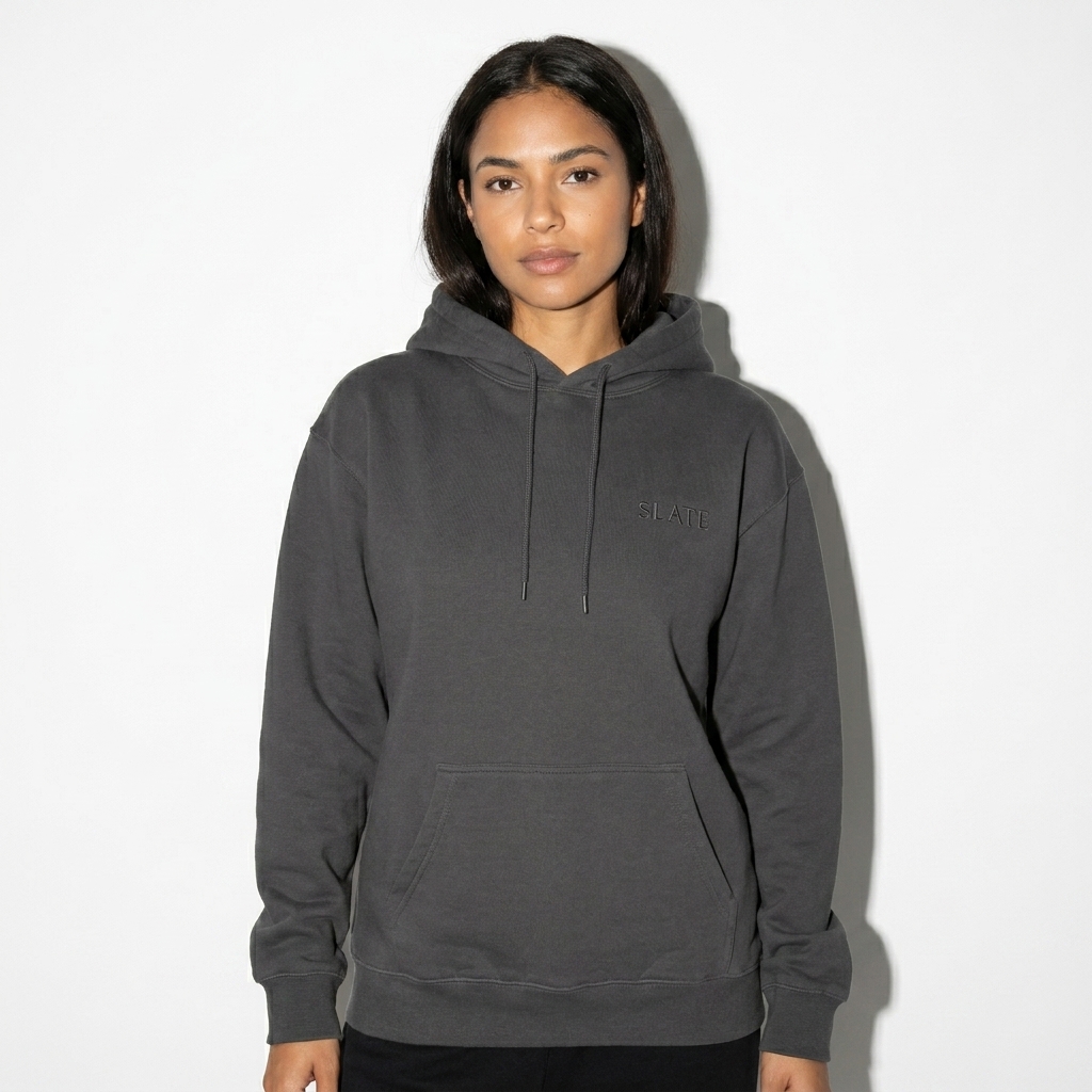 Heavy Blend Pullover Hoodie worn by a petite Brazilian female fashion influencer, clean-girl minimal styling, studio lookbook — custom heavy blend pullover hoodie